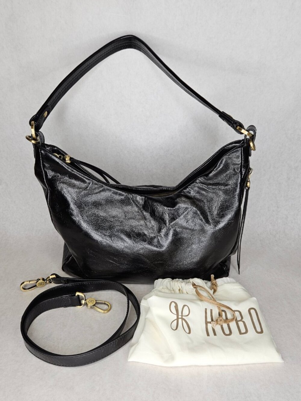 Black Leather Hobo Floral Interior Tote Ban Handbag Purse